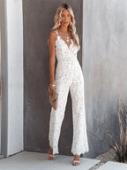 Women's white lace wide-leg jumpsuit with open back