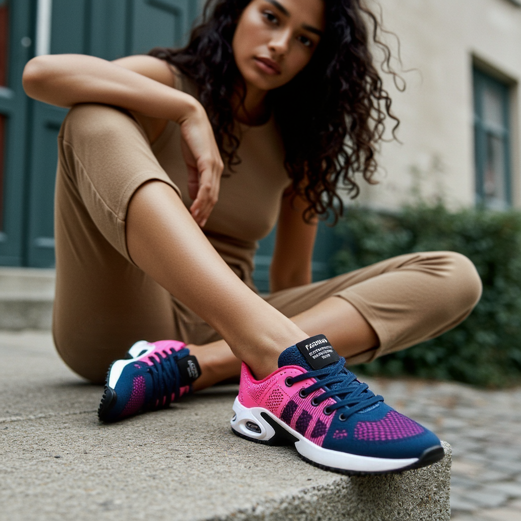 Women's pink and blue cushioned comfort sneakers with lightweight sole