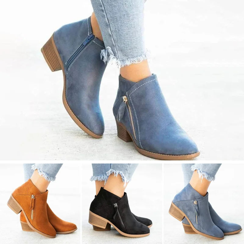 Women's blue vintage ankle boots with cushioned comfort footbed