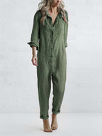 Women's olive green button-down jumpsuit with straight legs
