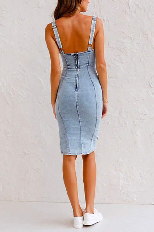 Women's blue denim bodycon dress with stretch tailored fit